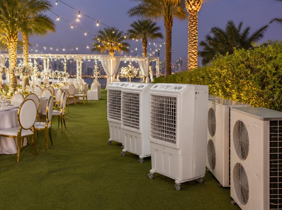 Industrial air coolers at an outdoor UAE event