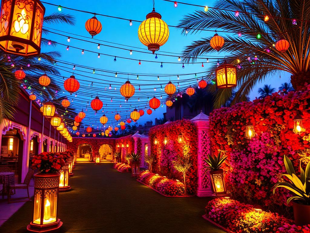 Outdoor garden event at dusk with colourful lanterns and flower walls