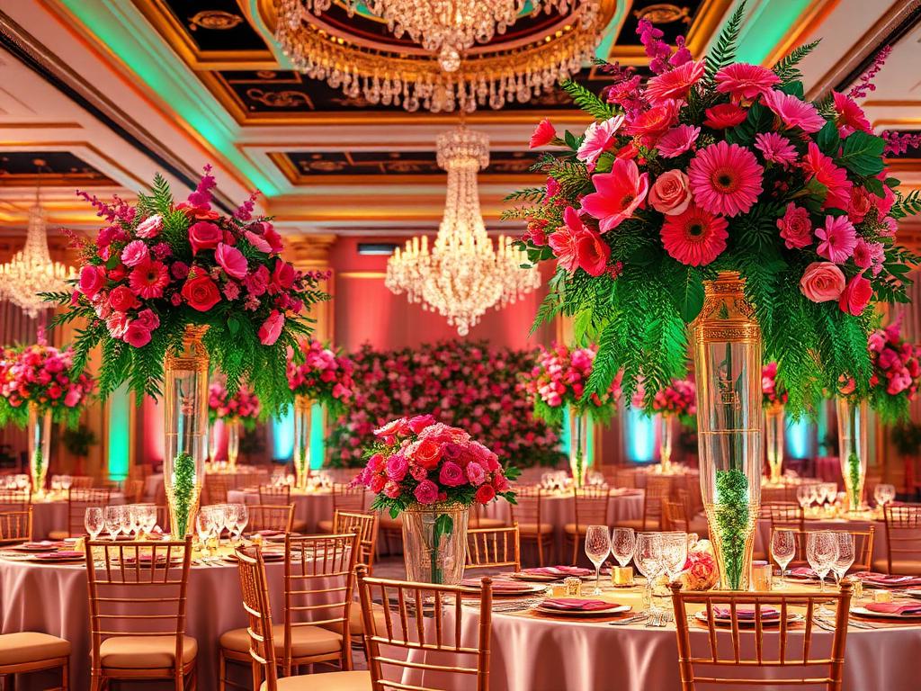 Luxury ballroom with towering pink and coral floral centrepieces