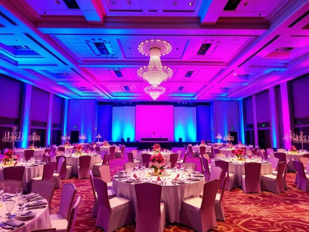 Corporate gala ballroom lit in vivid blue and magenta uplighting