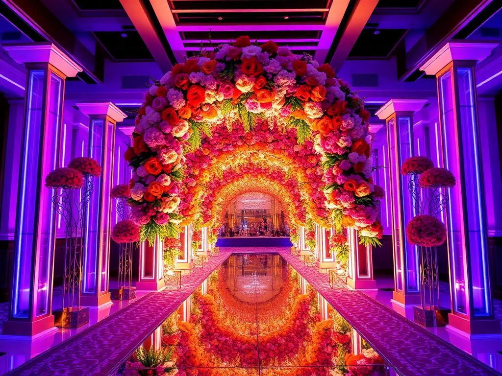 Grand wedding entrance with a vibrant multicoloured floral arch and mirrored aisle