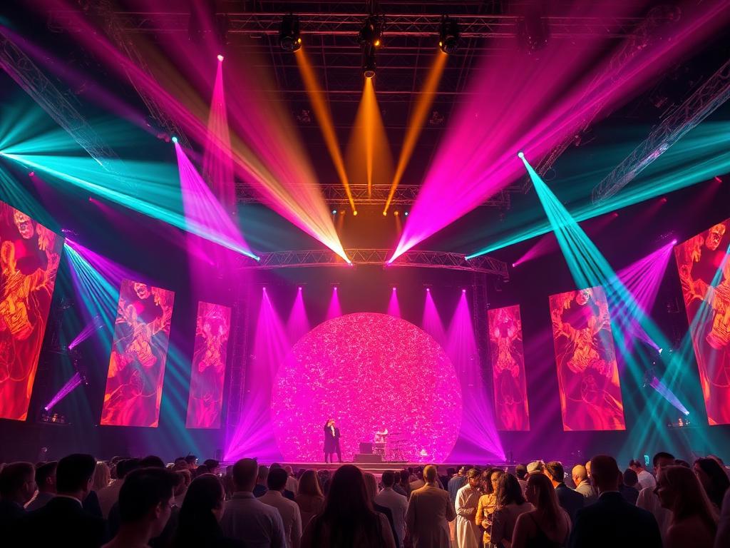 Concert-scale event with magenta, teal and gold light beams