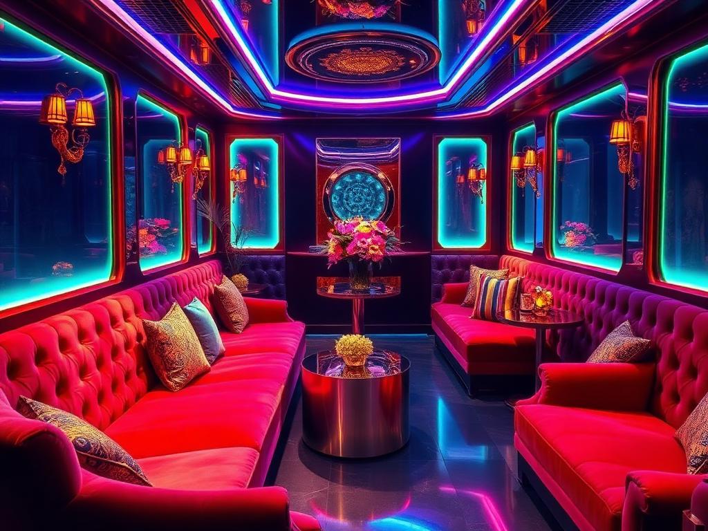 VIP lounge with jewel-tone velvet seating and colourful ambient lighting