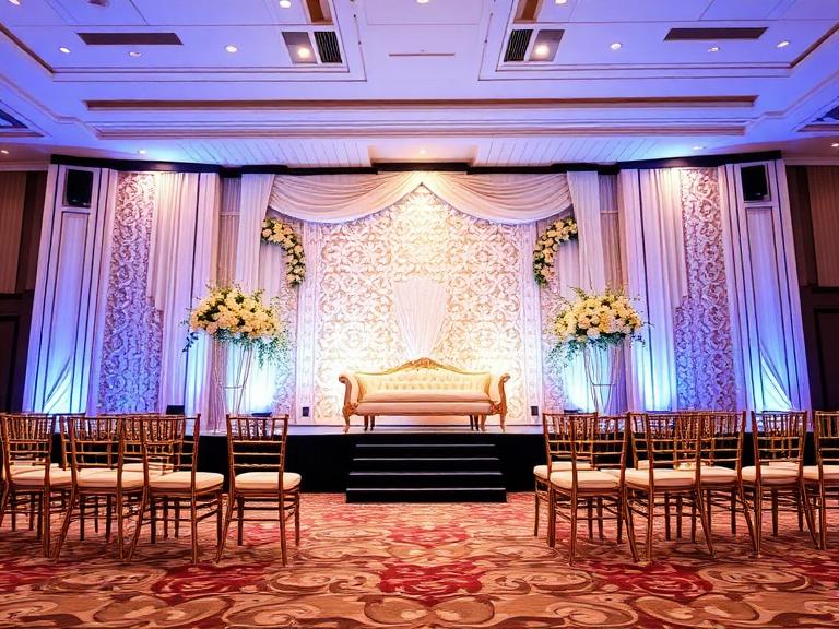 Reception stage decoration with gold seating